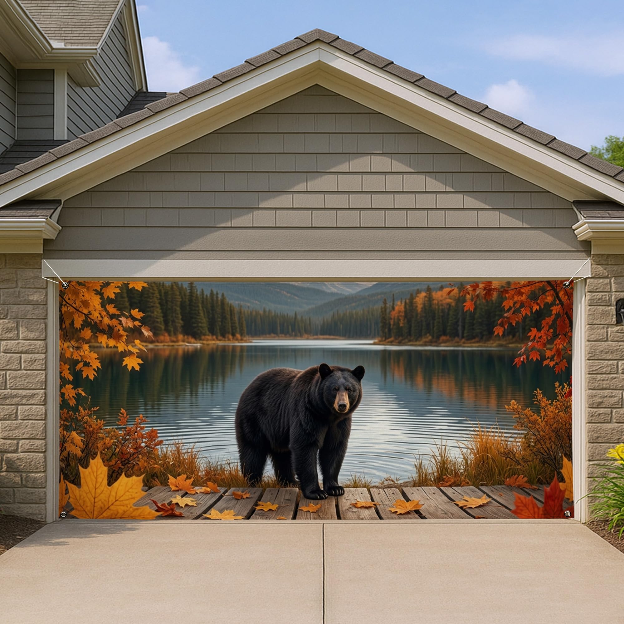 Housse de porte de garage avec ours d'automne, un panneau décoratif grand format haut de gamme