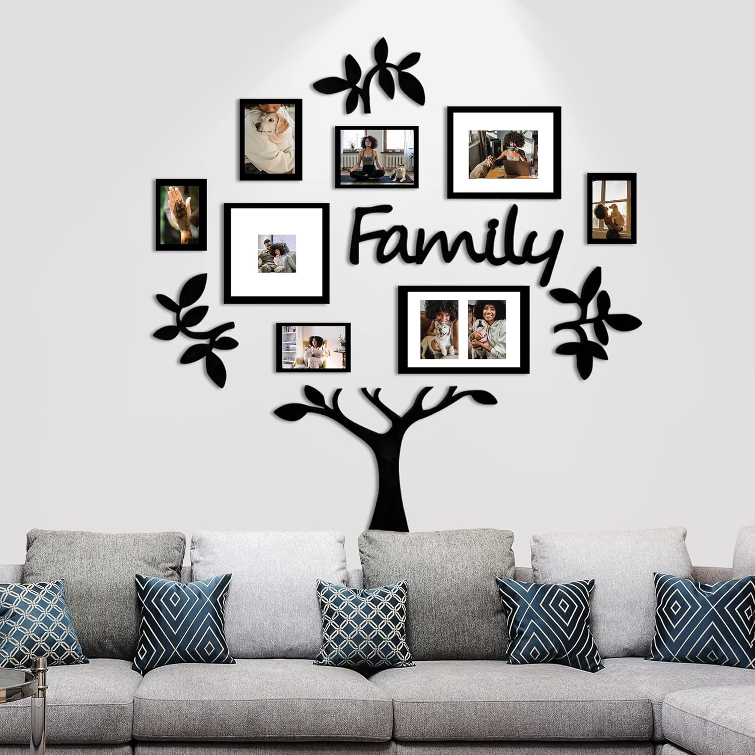 J.M.Deco 13 Pack Family Tree Photo Frame Collection with Lvory Mat Set- Photo Size One 4''x4'' Five 4''x6'' Three 5''x7''- PVC-Wall Mounting Picture Frame for Home Living Room Bedroom 3D Design-Black
