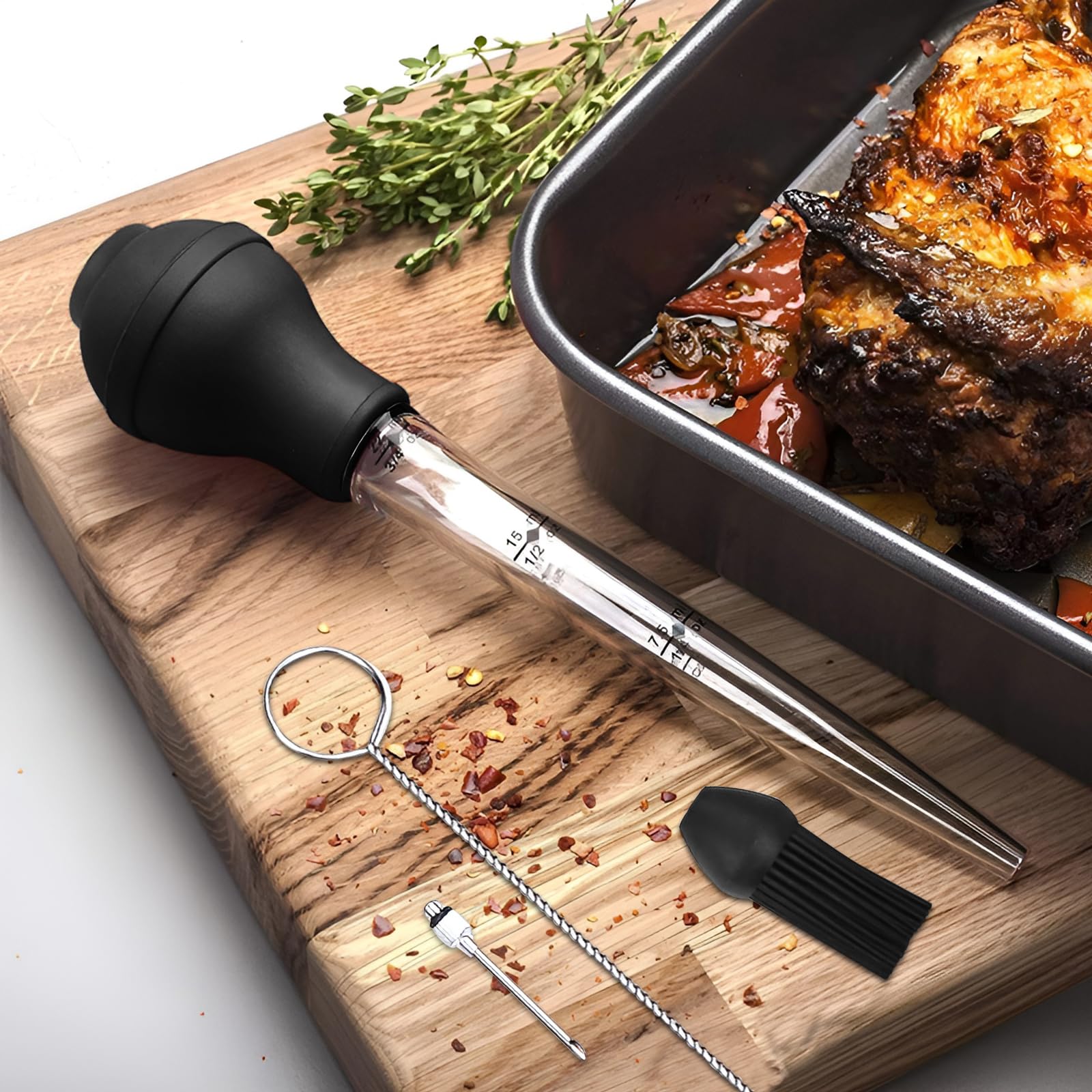 Siringa per Carne, Siringa per Arrosti, Siringa per Alimentare, Utensile Cucina Siringa Inclusa Pennello in Silicone, Pulizia Pennello, Iniettore Alimentare per Manzo, Pollo, Maiale, Tacchino