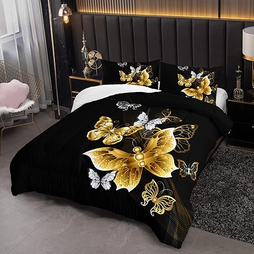 Miniatura 2 de XYNHML Juego de edredón de mariposa para adultos, juego de ropa de cama de mariposa negra y dorada, juego de edredón estético de mariposas, tamaño