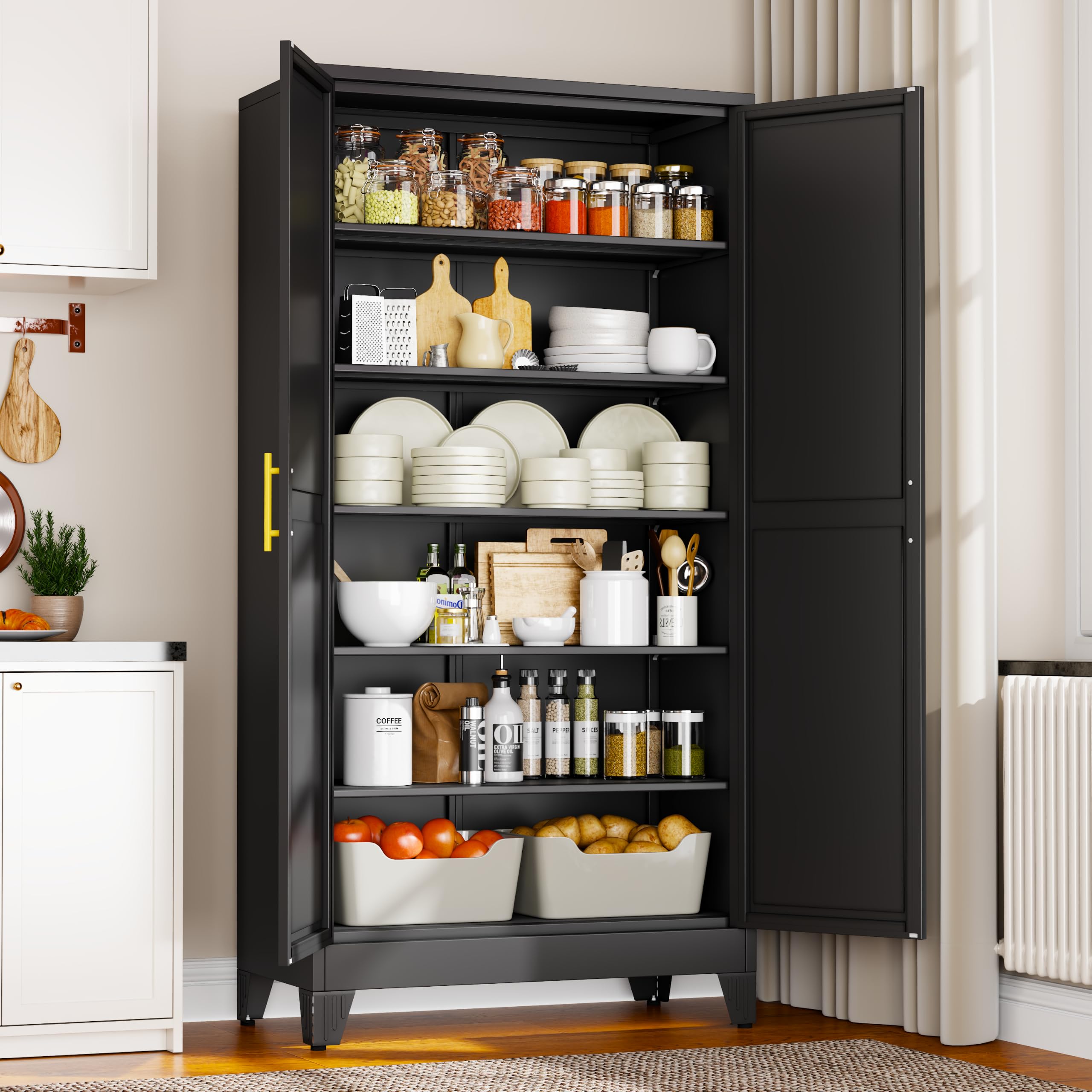 winiowa 78.7" Tall Metal Pantry Cabinet, Kitchen Storage Organizer, Black