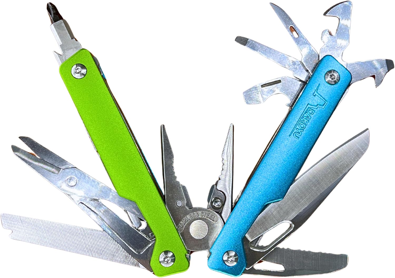DKYoung™ Multi-Tool, Aluminum Handles with Polished Stainless Steel Tools, Blue/Green High-Viz Colors, Pliers-Based Multitool with Carrying Sheath, ¼ in. Hex Extension, Camping, Hiking, Gift