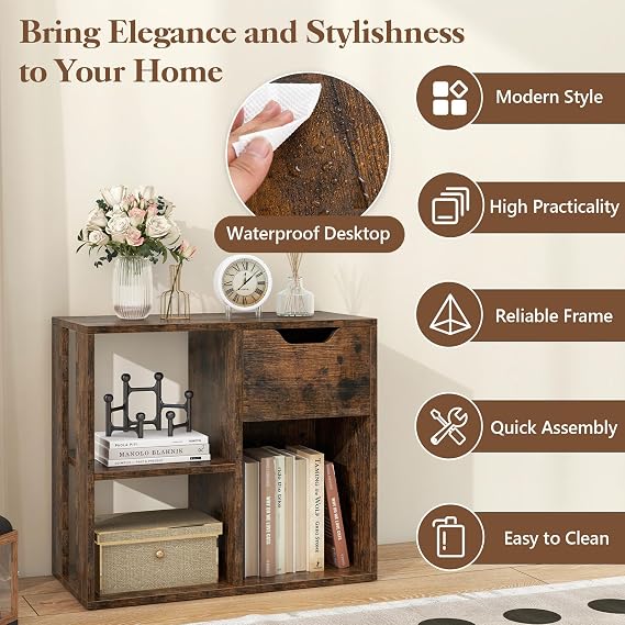 COSTWAY Sofa Side Table, Wooden Nightstand Bedside End Table with 2-Tier Open Shelves, Bottom Cube and Drawer, Narrow Accent Tea Table for Living Room Bedroom Office (Rustic Brown)