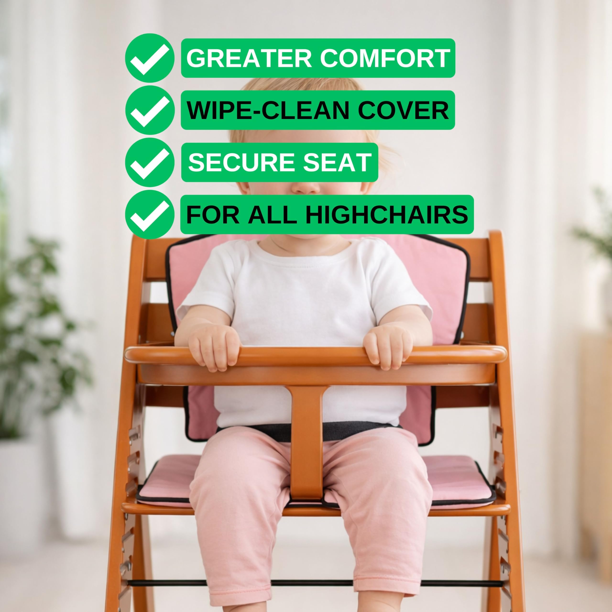 Set di cuscini e imbracature per seggiolone universale, 6 pezzi, cuscino rosa, imbracatura a 5 punti nera, set completo di seggiolone in legno per bambini con cuscino di seduta, imbracatura sicurezza