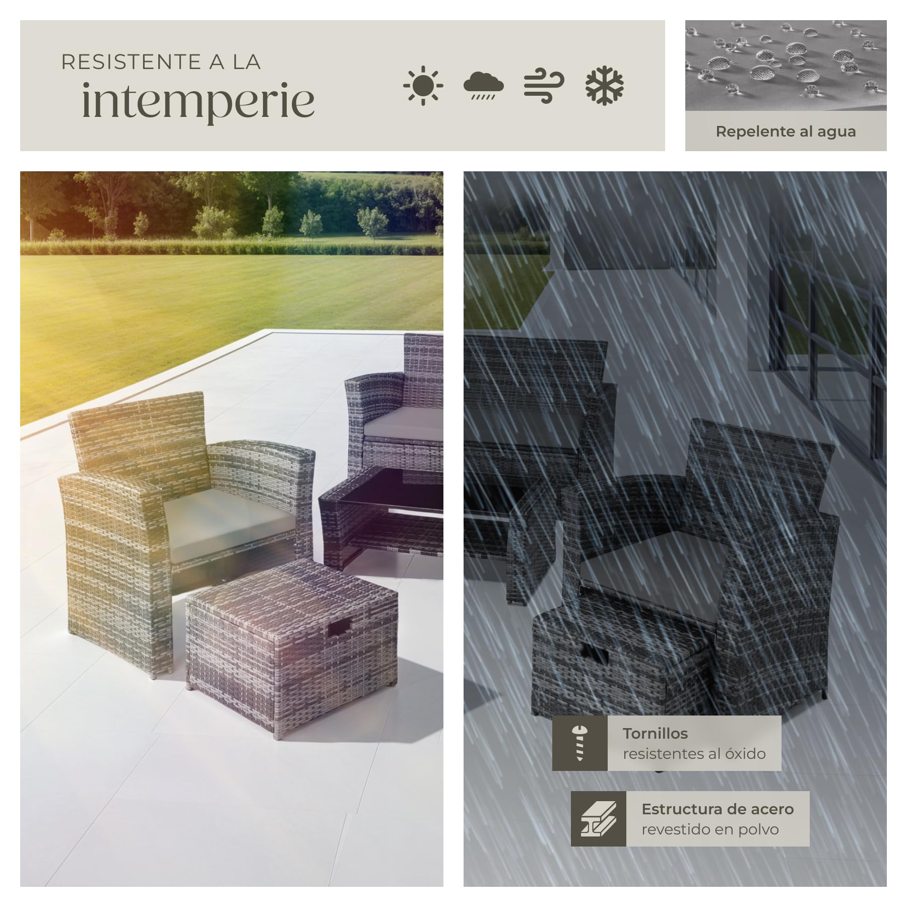 tectake® Conjunto Jardín Exterior de Ratán y Acero, Diseño Arqueado, Muebles Jardín Exterior Resistente a la Intemperie, 2 Sillones, 2 Taburetes, 1 Mesa con Cristal, con Cojines y Funda - Gris