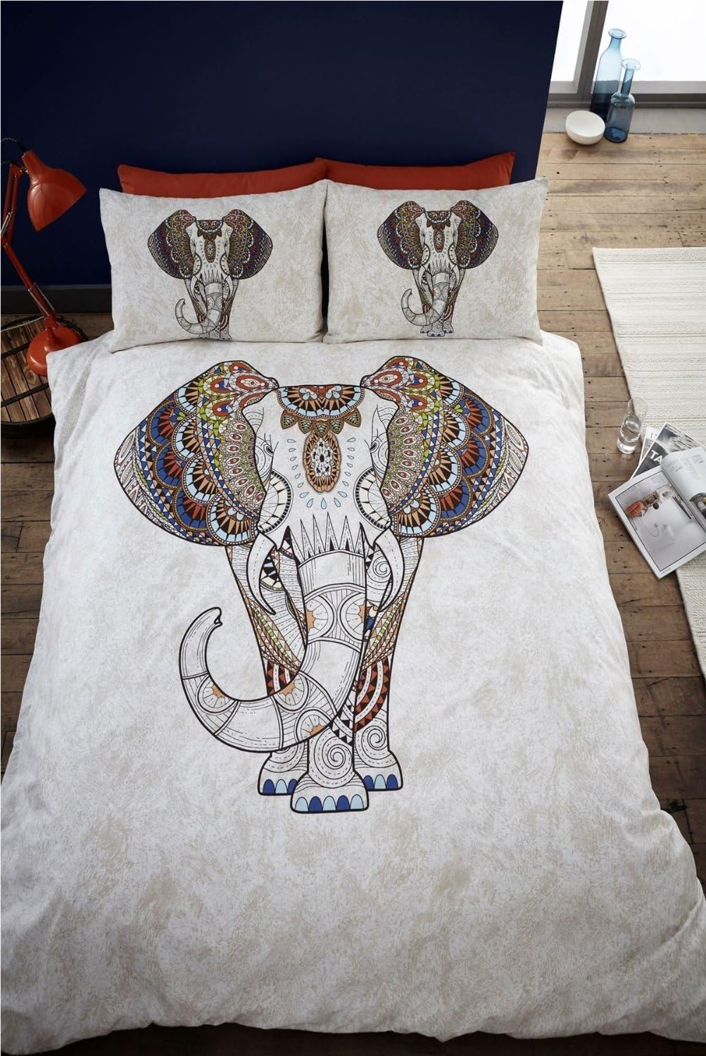 Samburu Elephant Super King Size Duvet Cover and 2 Pillowcase, Bed Set, Bedding, Colourful, Bold, Ethnnic, Indian, Grey