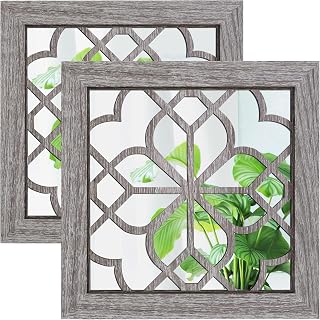 HMANGE Boho Set of 2 12x12 Inch Square Rustic Farmhouse Wall Mirrors, Shatterproof Acrylic Brown Vintage Decor for Bedroom, Living Room