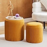 Vista 16 de Juego de 2 Otomanas Redondas con Almacenamiento - Taburete de Tocador de Terciopelo Tapizado para Maquillaje - Otomanas Multifuncionales para Mesa