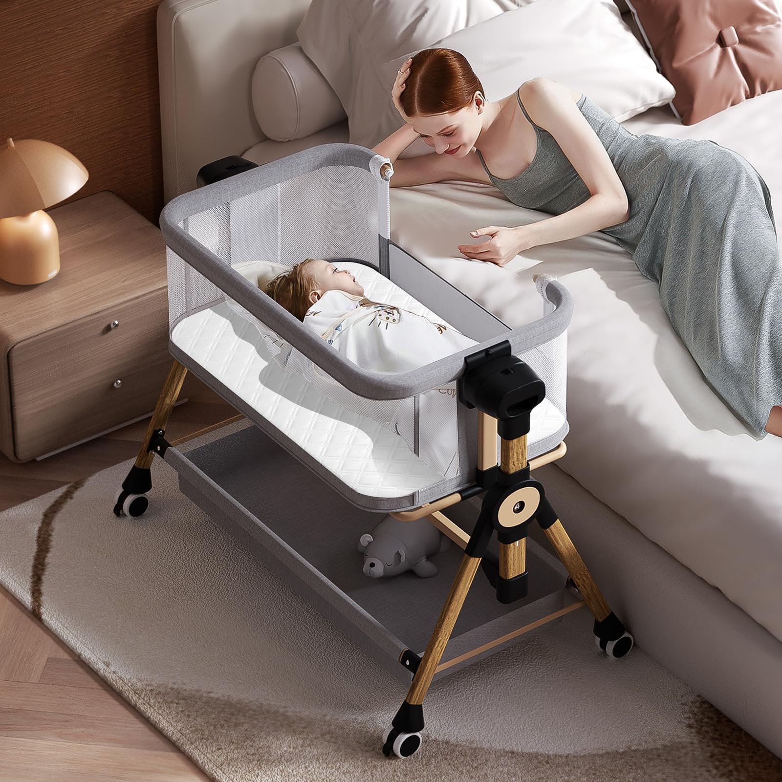 3 in 1 baby bassinet,bedside/rocking bassinet for baby,bedside crib with lockable wheels,waterproof mattress,adjustable 6 heights,portable bassinets bedside sleeper for newborn infant