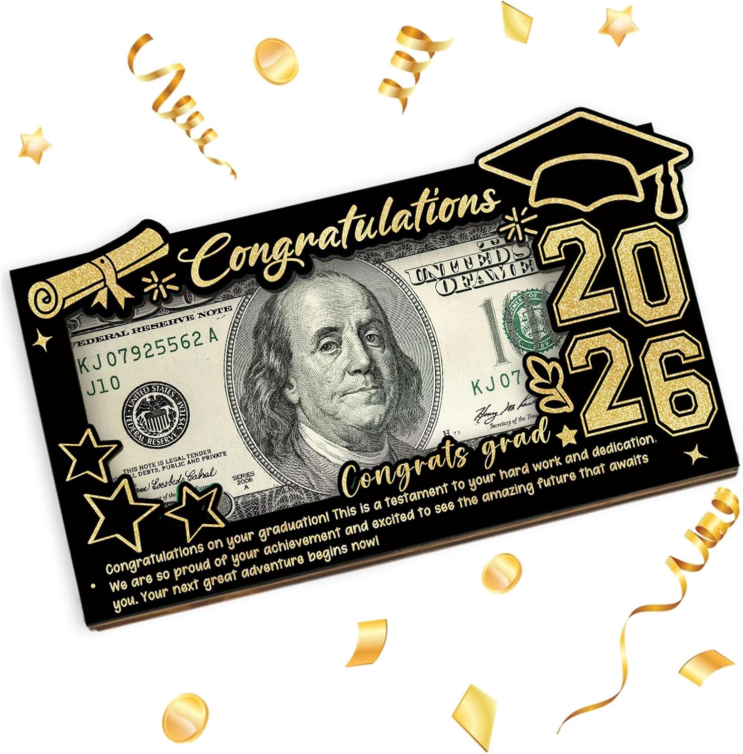 Graduation Money Holder 2026, Class of 2026 Cash Gift Box in Black & Gold - Elegant Wooden Money Envelope for College, High School, University Senior Graduates, Graduation Gifts for Women/Men