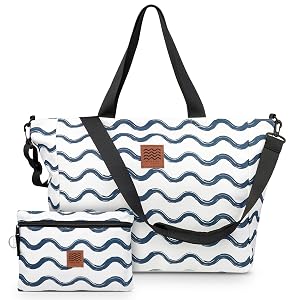 Large Beach Tote Set for Moms Foldable Sandproof Travel Bag with Waterproof Pouch Crossbody Strap Zipper Pockets