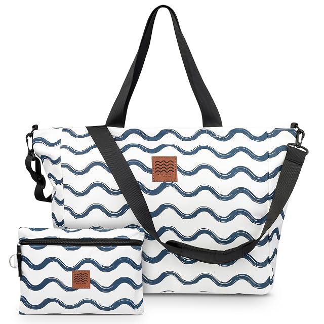 Large Beach Tote Set for Moms Foldable Sandproof Travel Bag with Waterproof Pouch Crossbody Strap Zipper Pockets