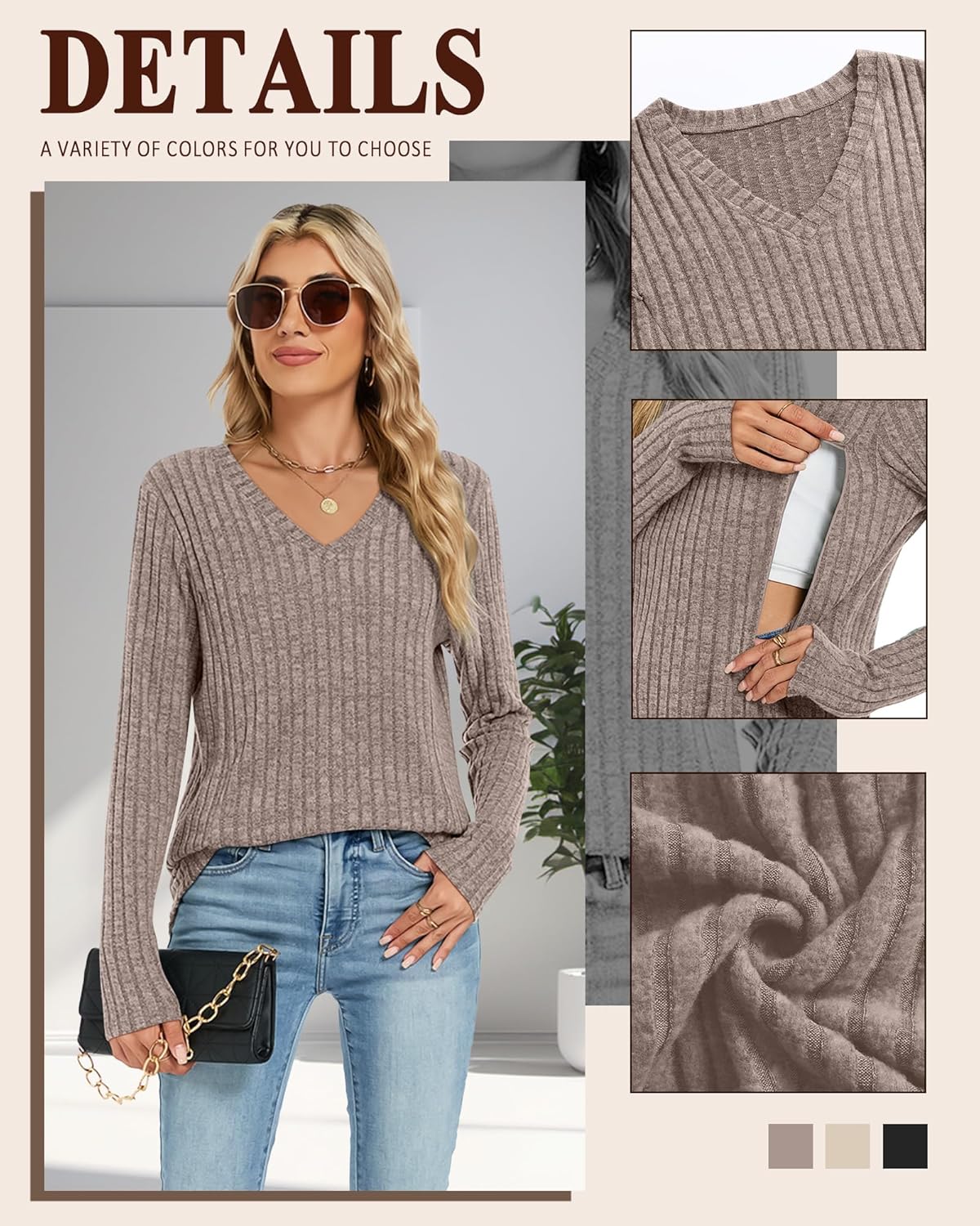 3 Pack Women's Maternity Nursing Tops, V Neck Breastfeeding Sweaters Long Sleeve Hidden Zipper Shirts - Image 5