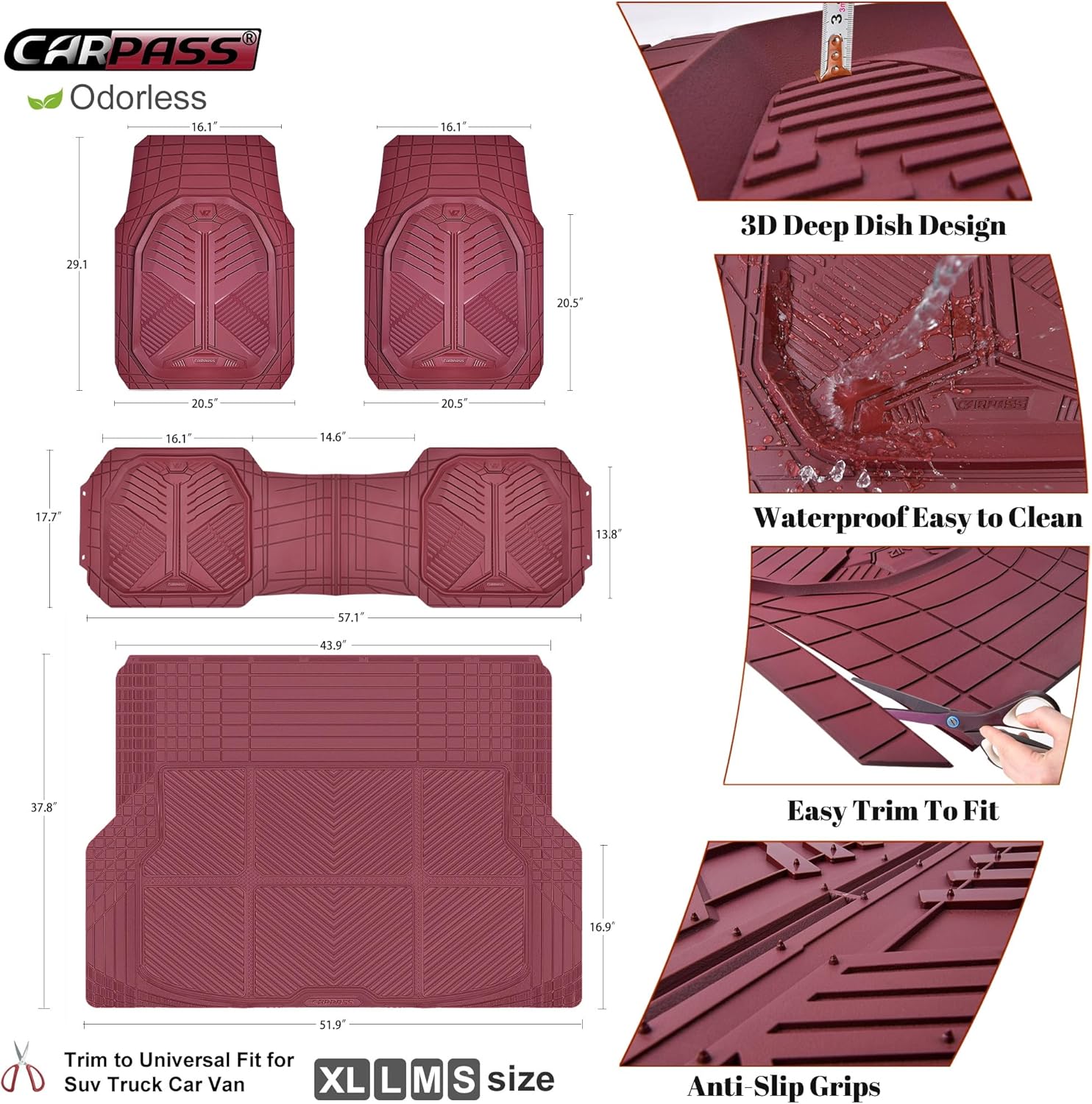 CAR PASS Heavy Duty Rubber Car Mats with Cargo Liner, Deep-Dish Car Floor Mats and Trunk Mat All Weather, Universal Trim-to-Fit for SUVs Trucks Sedans, Waterproof Anti-Slip, Trimmable V12 Burgundy - Image 5