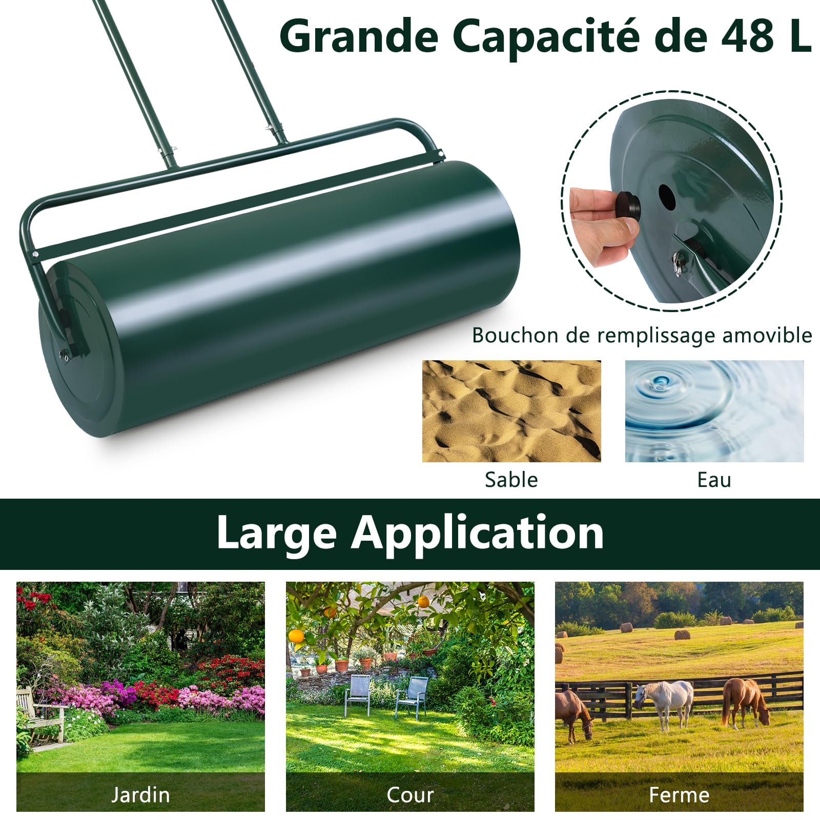 RELAX4LIFE Rouleau à Gazon avec Réservoire pour Le Jardin, Construction en Acier avec Pare-Boue, Volume de Remplissage de Sable ou l’Eau : 48 L, φ32cm, Largeur 65 CM, Hauteur : 114 CM, Vert