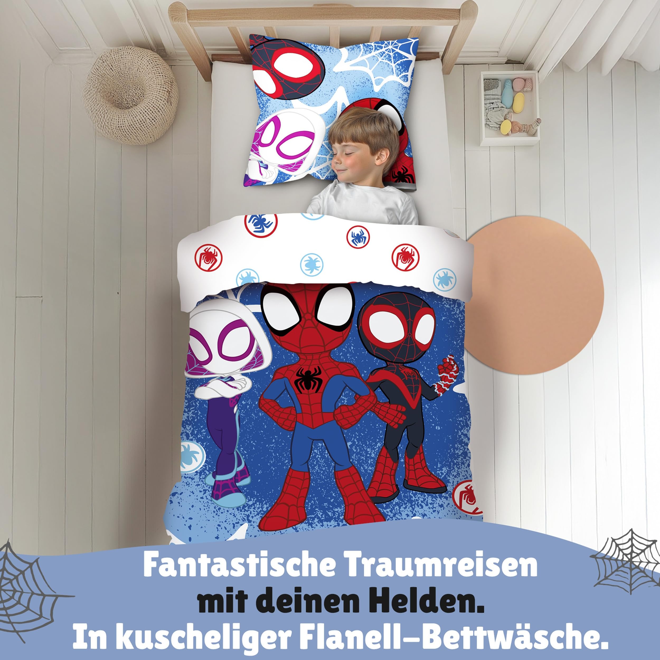 Familando – Spidey Bettwäsche-Set (2-teilig) – Decken- & Kissenbezug 135x200 cm & 80x80 cm mit Reißverschluss – Flanell aus 100% Baumwolle – Winterbettwäsche – Öko-TEX Zertifiziert