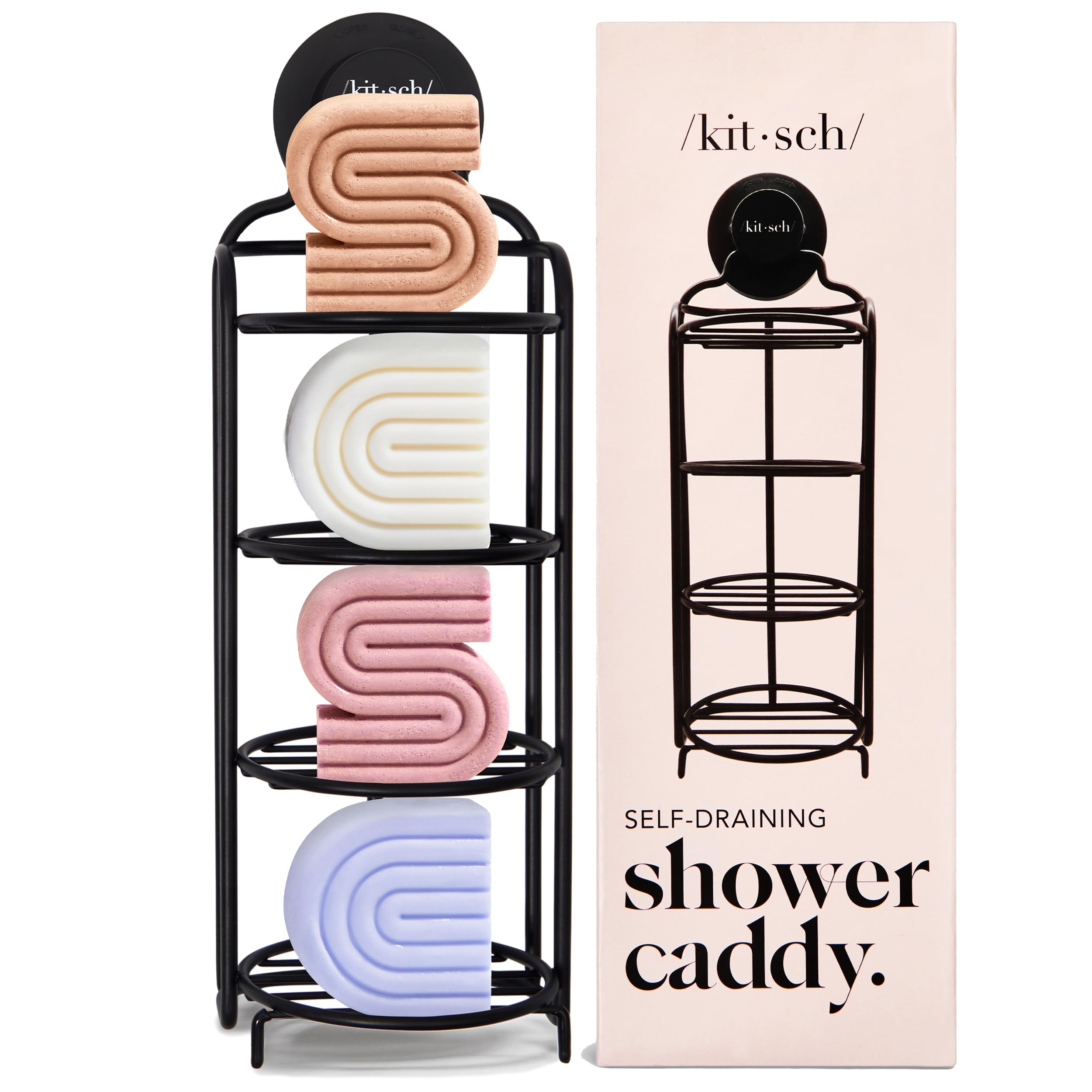 Kitsch Self Draining Shower Caddy - Bathroom Shower Organizer with Suction Cup | Rustproof Shower Rack & Bar Soap Holder for Shower | Soap Dish for Shower | Bar Soap Holder for Shower Wall (Black)