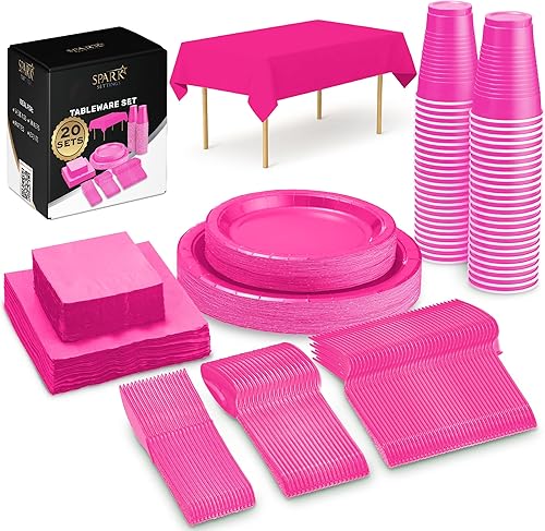 Juego de suministros de fiesta rosa brillante, platos de papel, vasos de plástico, tenedores, cuchillos, cucharas, servilletas, mantel para 20