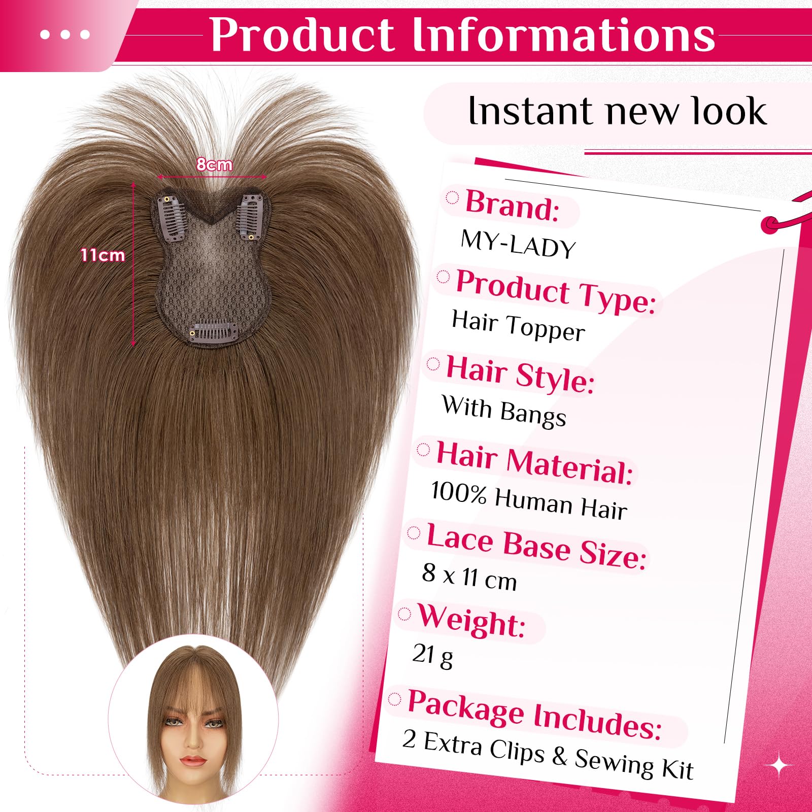 MY-LADY Topper Cabello Humano Mujer, Flequillo Postizo Pelo Natural, Marrón Chocolate 21g