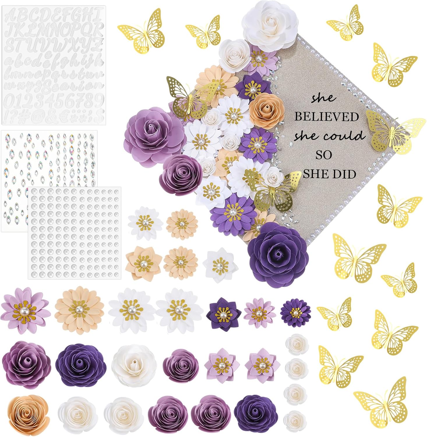 Thiccywoov 43 Pcs Graduation Cap Decorations Kit Includes Artificial Flowers Faux Flower Heads 3D Butterfly Stickers Pearl Rhinestones Glitter Stickers for Grad Cap Topper DIY Graduation Gift(Pink)