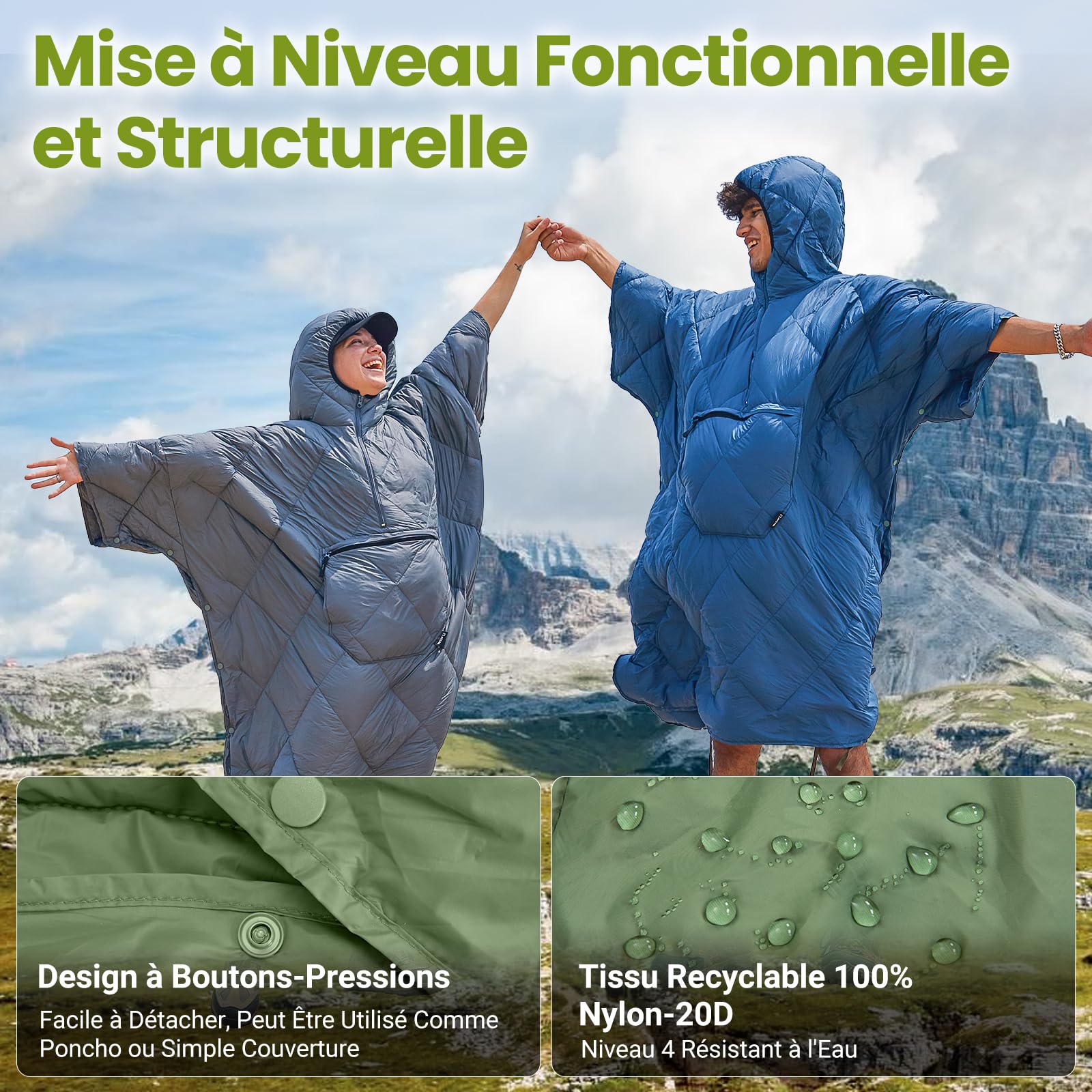ATEPA Légère Couverture De Camping Multifonctionnelle avec Capuche, Imperméable Et Coupe-Vent, Poncho De Plein Air Portable avec Poches, Idéale pour Les Voyages 145x115 Cm, 0,65 Kg