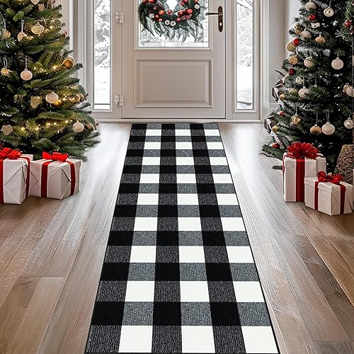 FONEYI - Alfombra de búfalo a cuadros, alfombras de cuadros negros y blancos de 20 x 59 pulgadas, alfombras antideslizantes de interior o exterior