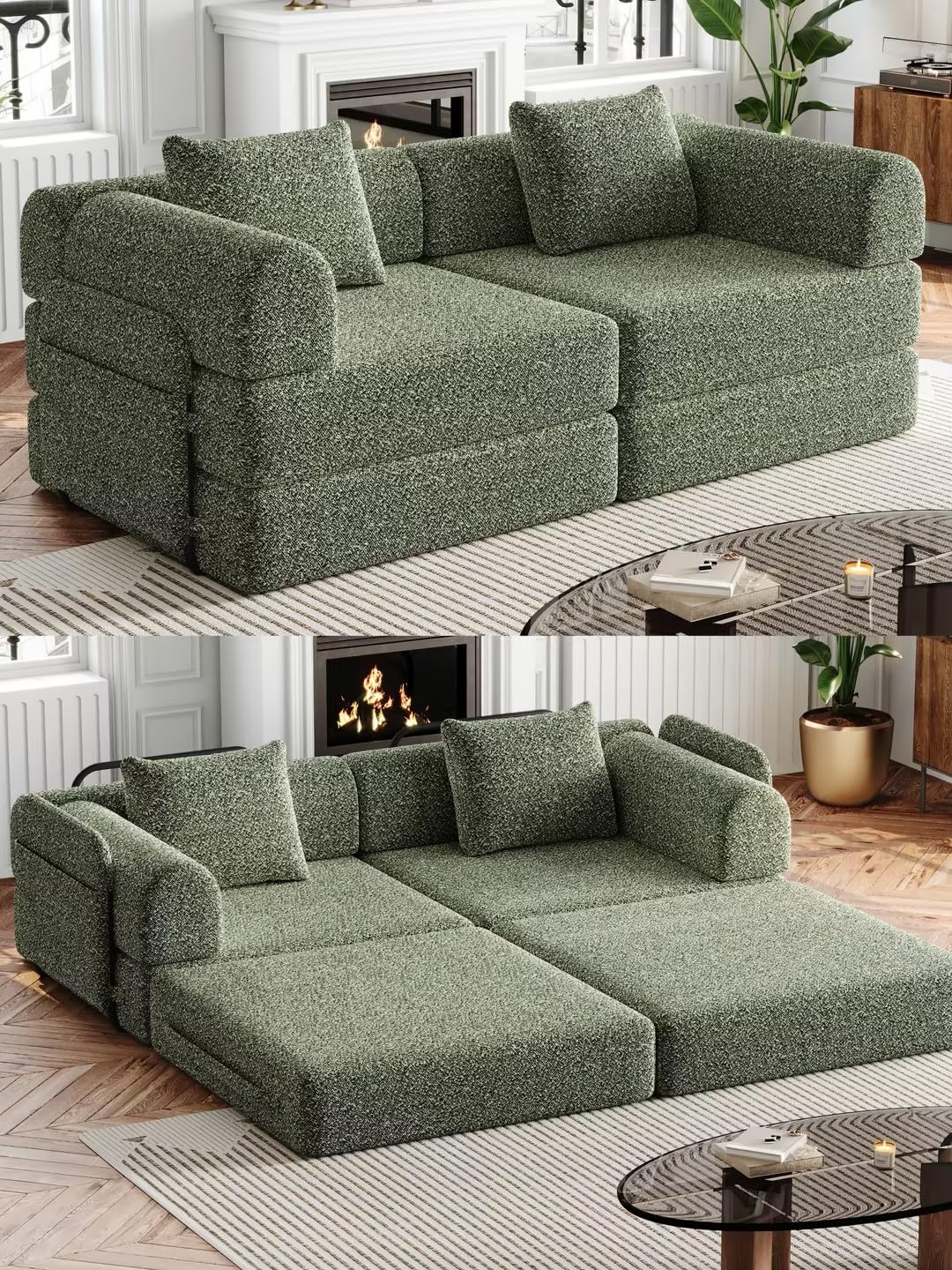 Canapé Convertible 2 Places 2-en-1 en Velours Chenille avec Rangement, Configuration Modulable Canapé Lit pour Salon
