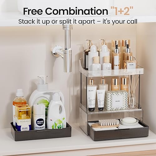 Vista 50 de Delamu Organizador y almacenamiento de baño, 2 niveles y 2 cajones, organizador de maquillaje, fácil de instalar, ideal para encimera de baño