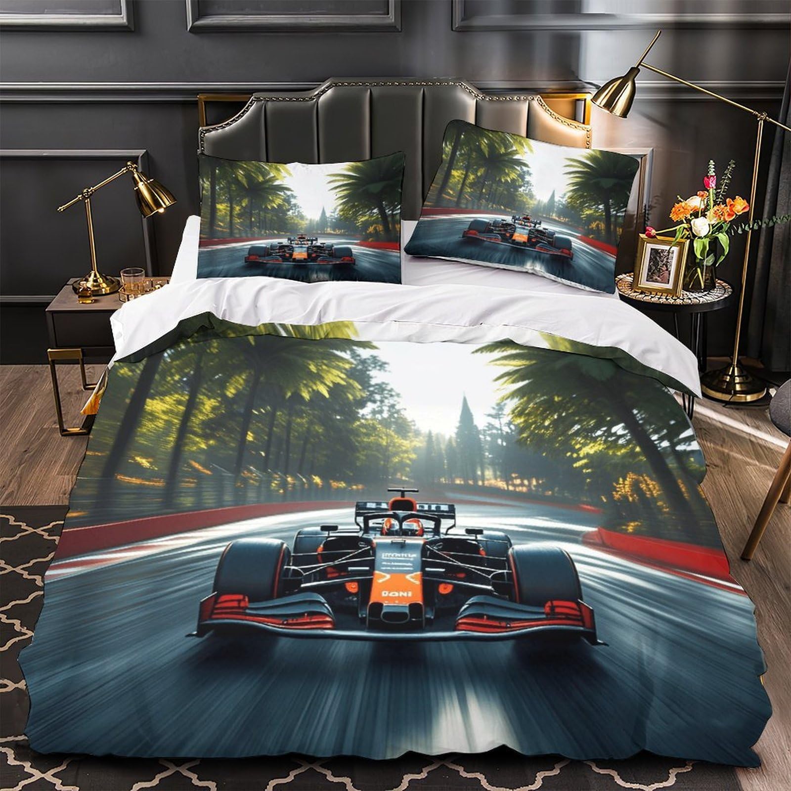 XiaopangXY Lovingly Formulaa Racing Comforter Cover Single（140x200cm）, Racing Car Duvet Cover with Pillowcases, Soft Microfiber Racing Car Quilt Cover for Boys & Girls