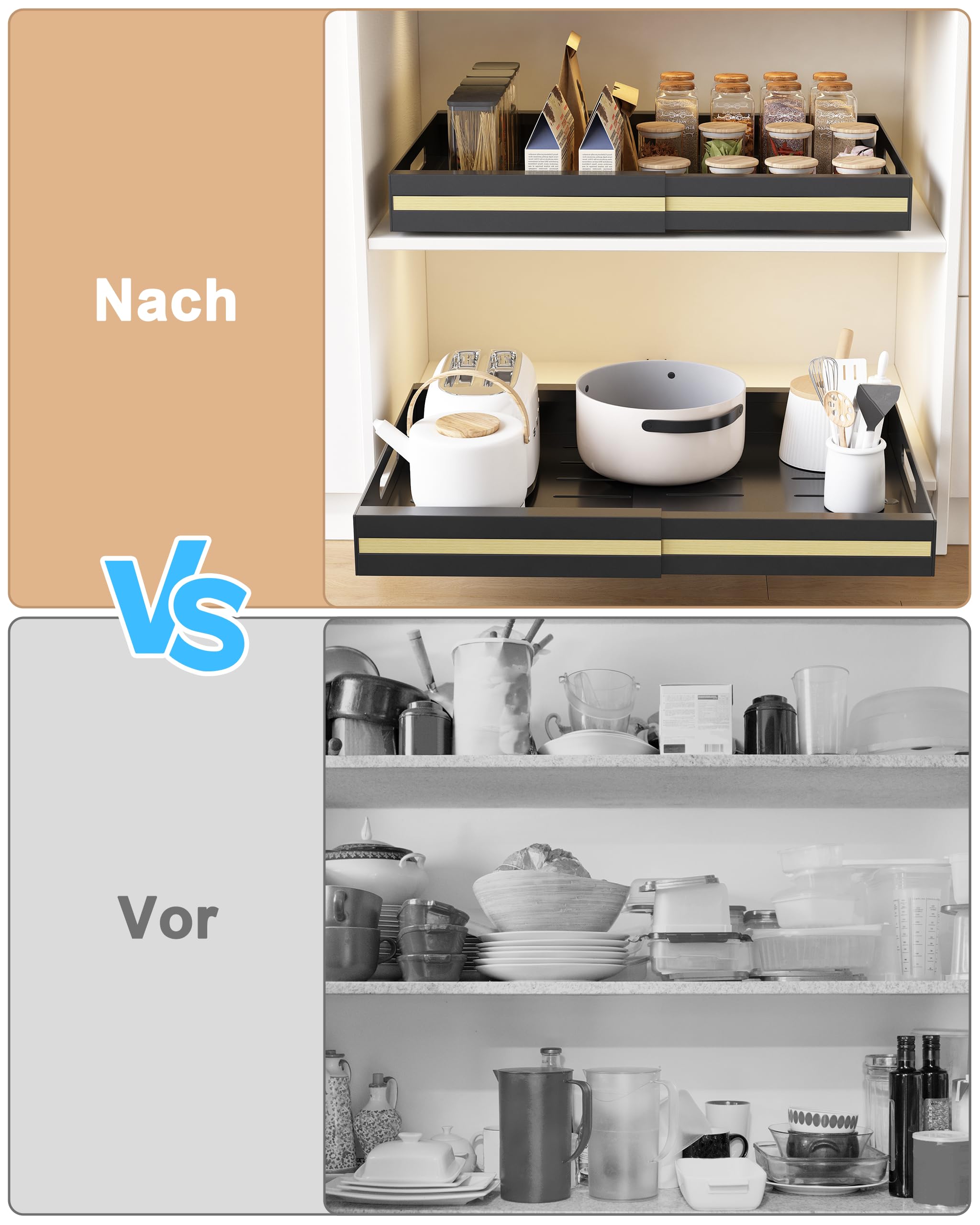 UMDONX 2 Pack Ausziehbare Schublade Küche Organizer mit Kleber, Teleskopschublade Erweiterbar Schrank Aufbewahrung Einstellbare Kitchen, Metall, Schwarz