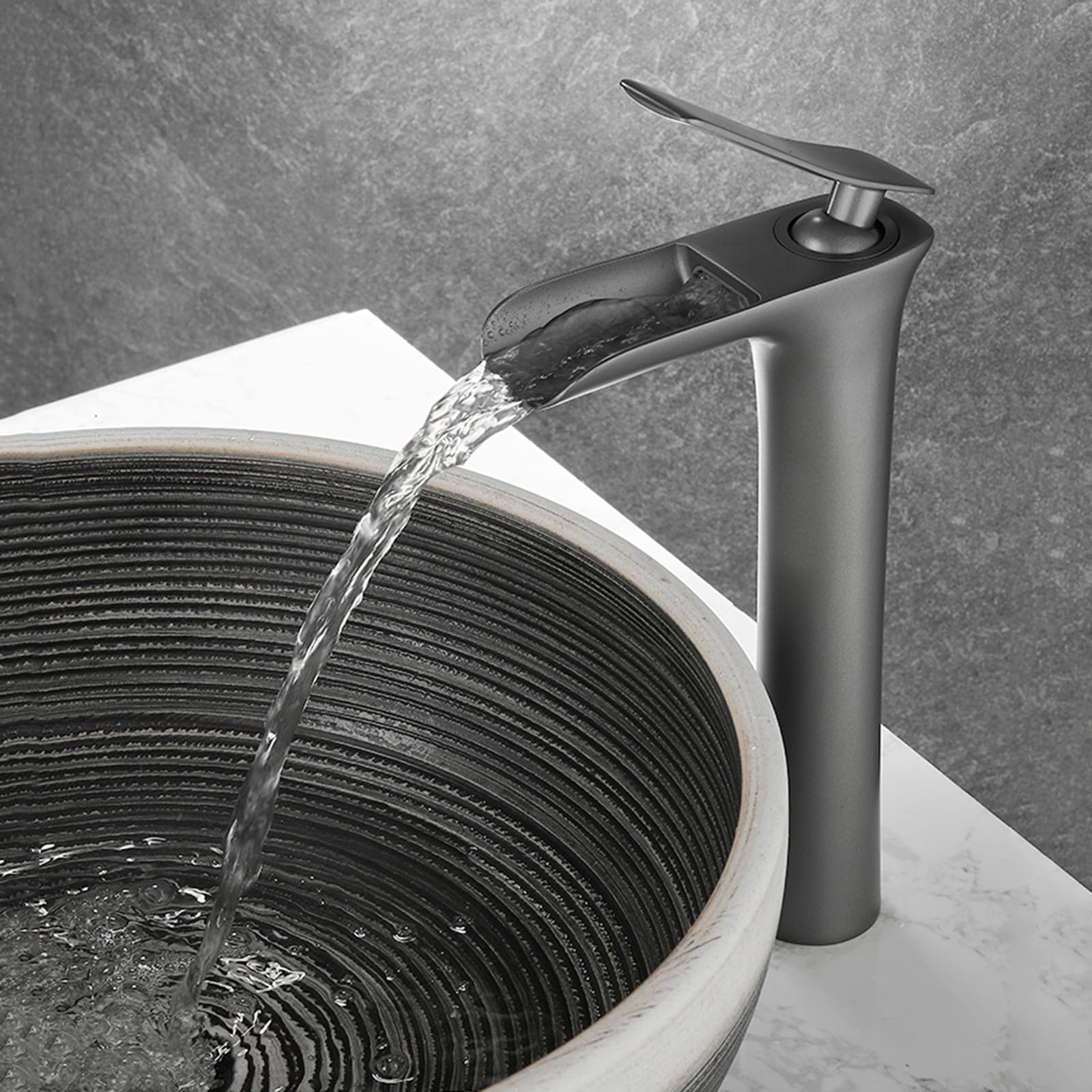 Grifo Lavabo Cascada, Abierto Frio Y Caliente Grifos para Lavabos de Baño Altos, Grifo Monomando De Latón,gris,alto