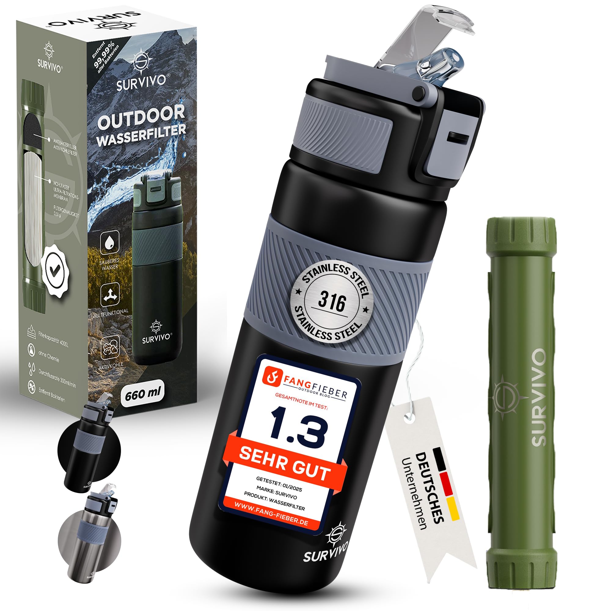 SURVIVO Wasserfilter-Flasche 660 ml