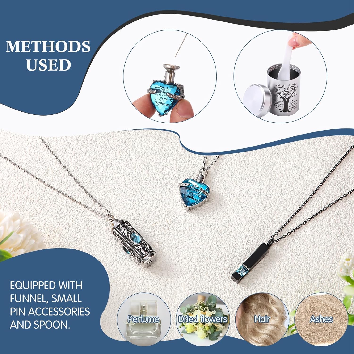 6 Pcs Urn Necklace Small Keepsake Urns for Human Pet Ashes Engraved with Tree Pattern and I Am Always with You Text Waterproof Memorial Ashes Holder (Light Blue) - Image 4