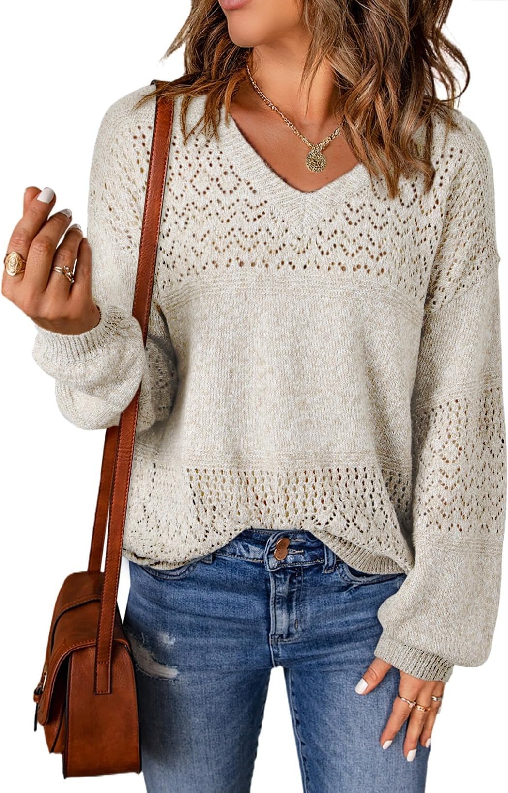 Women's Sweaters Casual Long Sleeve V Neck Crewneck Lightweight Crochet Pullover Sweater Tops