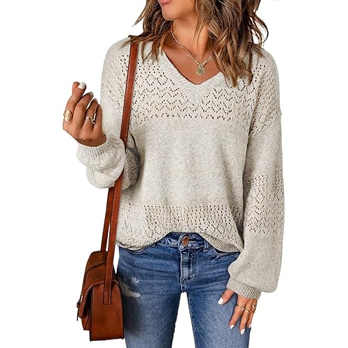 SHEWIN Women's Sweaters Casual Long Sleeve V Neck Crewneck Lightweight Crochet Pullover Sweater Tops