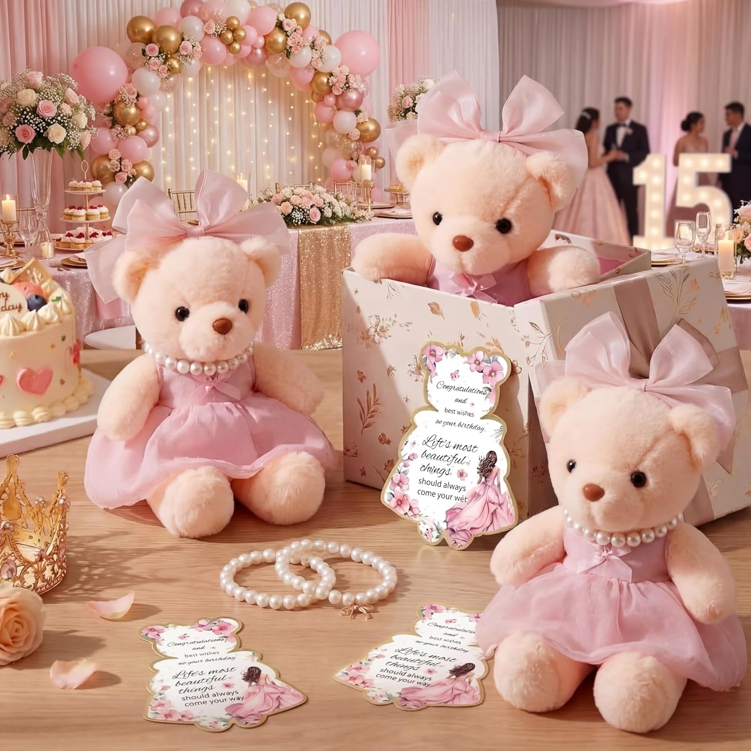 3 Set/18pcs Pink Bear Gifts for Birthday 12 Inches Bear Animal with Cute Bow Dress Pearl Necklace Tags for Girlsfriends Birthday Quinceanera My First Party Favors