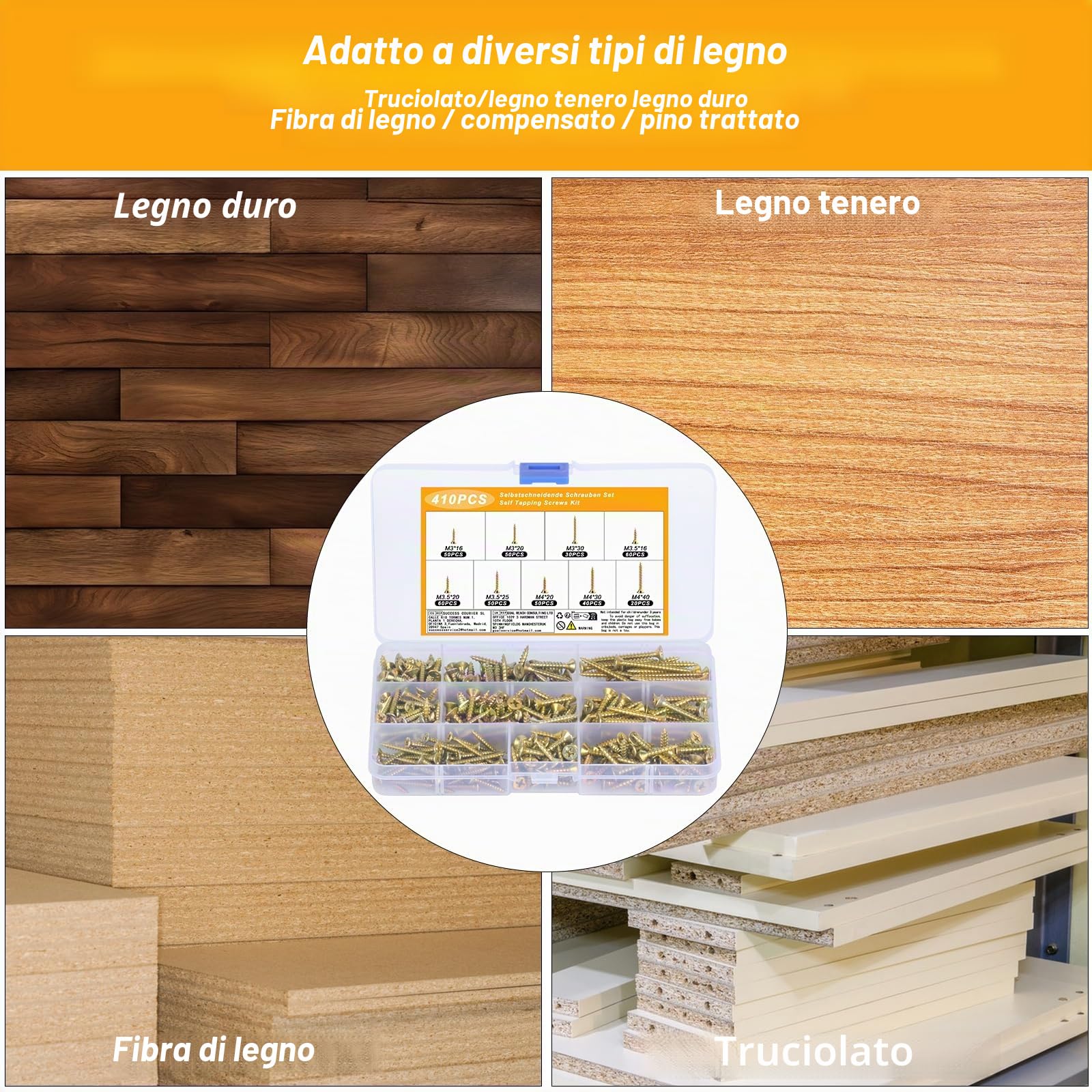 Set di viti autoperforanti M3 M3,5 M4, viti per legno testa piana, assortimento universale, viti a brugola filettatura completa