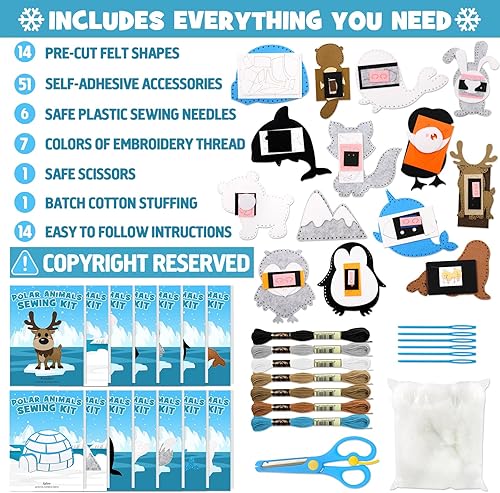 Miniatura 3 de CiyvoLyeen Kit de costura de animales polares para niños, haz tu propio kit de manualidades de fieltro de animales polares de invierno, incluye 14