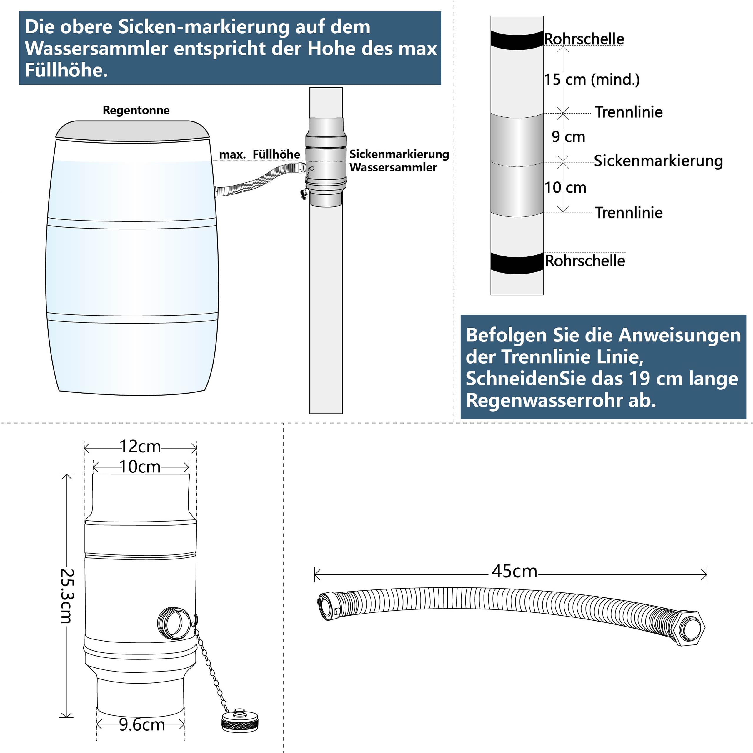 IGarden Colector de agua de lluvia de 100 mm con conector de manguera y barril de 45 cm para el tubo de bajada, chapa de acero galvanizado + colector de lluvia de aluminio de doble pared, colector de