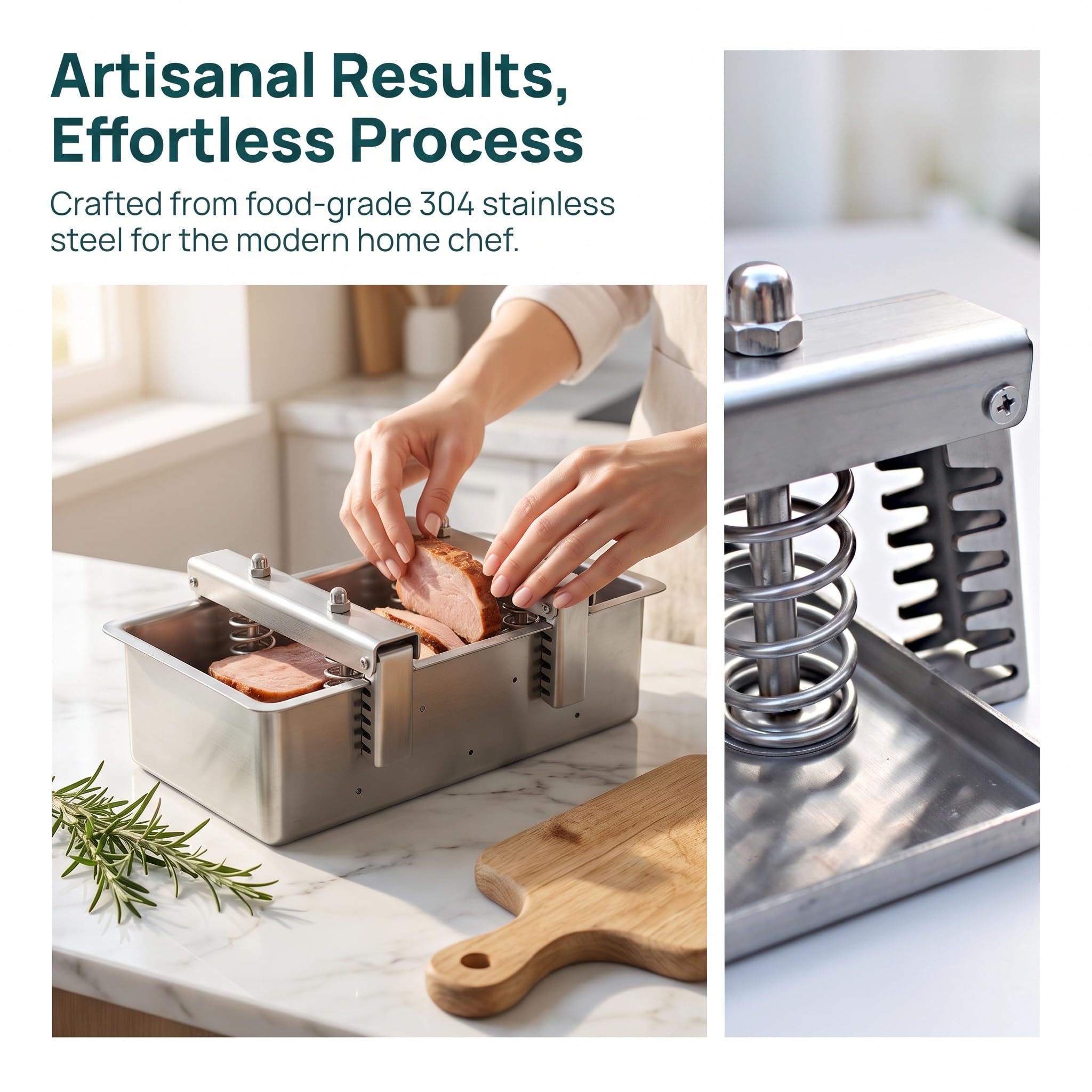 Molde de prensa de carne de acero inoxidable, herramienta resistente para hamburguesas perfectas y carnes delicatessen, resorte de compresión y base extraíble, ideal para prensar carne de 4 kg