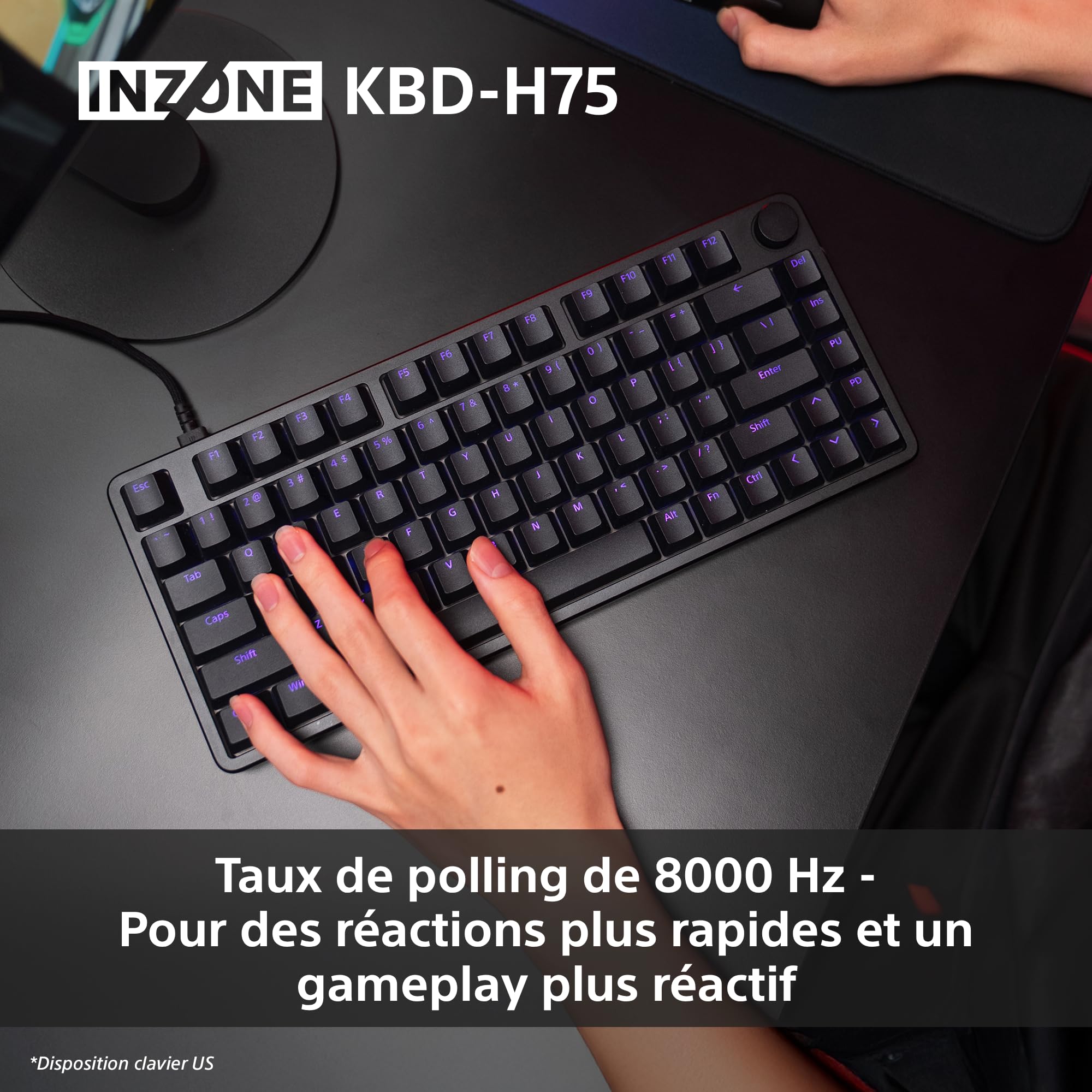 Clavier Gaming Sony INZONE KBD-H75 - Déclenchement Rapide, commutateurs magnétiques, actionnement réglable, 75% TKL, fréquence de rafraîchissement de 8 000 Hz, RGB, PC FPS, Disposition AZERTY - Noir