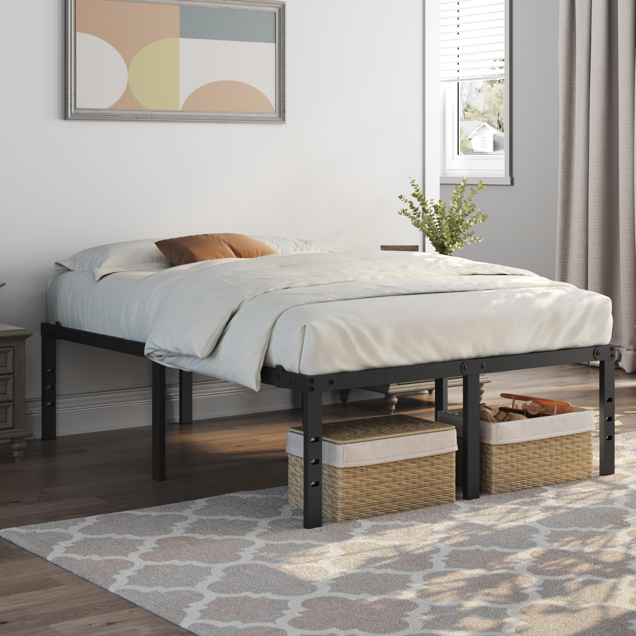 Topeakmart 18 Inch Metal Platform Full Size Bed Frame with Sturdy Slat Support&Reserved Holes for DIY Headboard/Easy Assembly/Storage Space/No Box