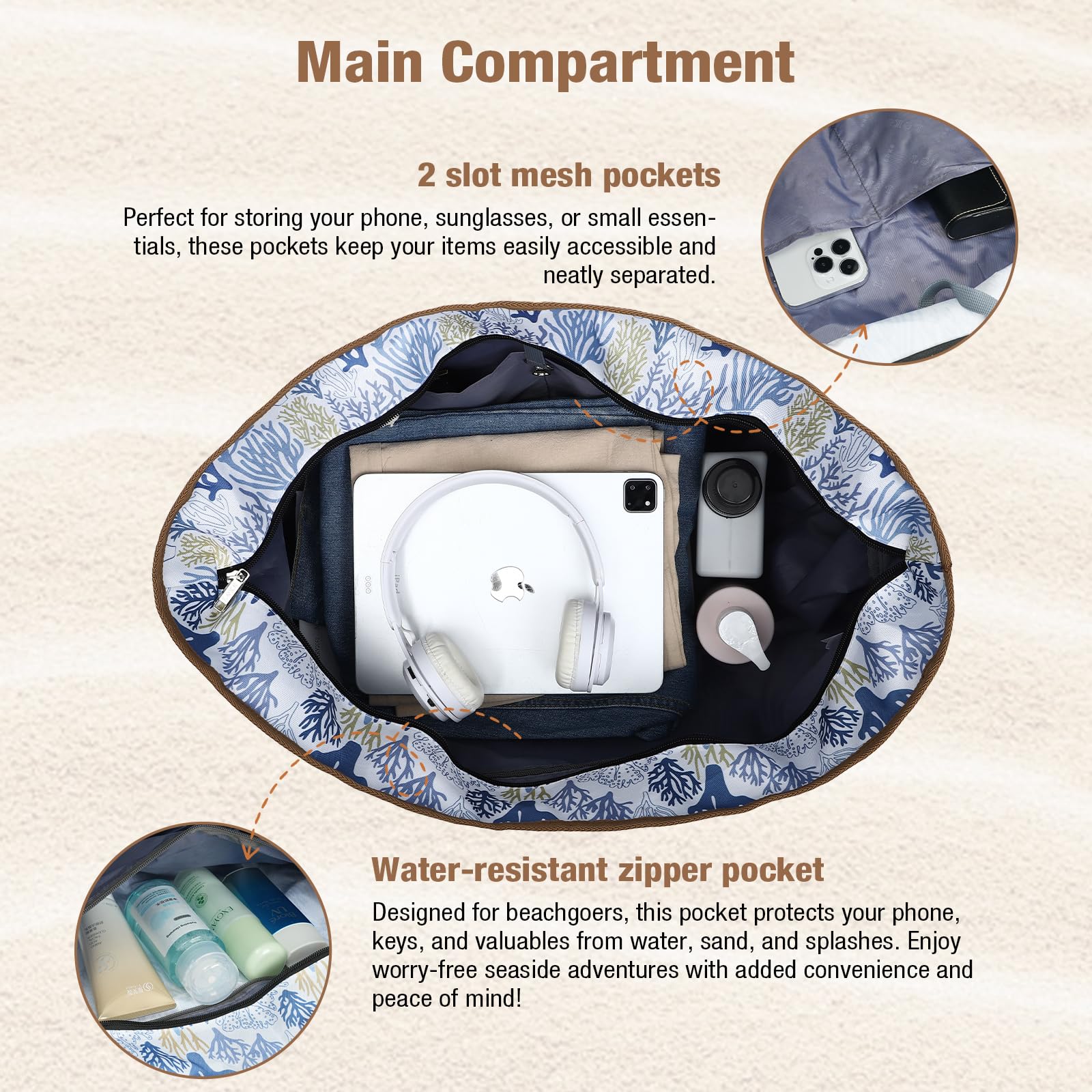 Lekespring Borsa Spiaggia Donna Pieghevole, Borsa Mare Grande XXL Famiglia con Scomparto Scarpe Separato, Impermeabile Shopping Borse Tote Bag con Cerniera per Viaggio Sportiva, Corallo Fiorito