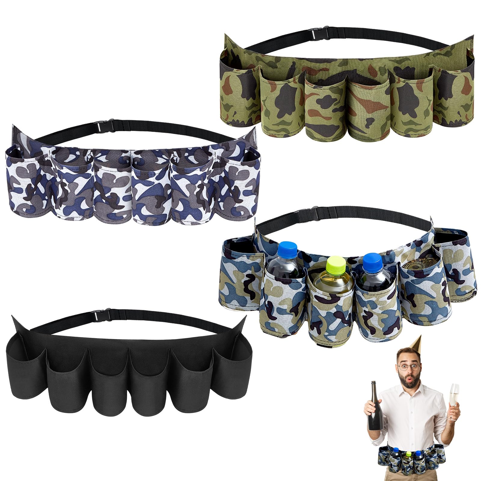 Aliceset 4 Pack Bear Belt Holster with 6 Holders Adjustable Camouflage Beer Soda Can Holster Belt Beer Waist Pack for Can Drink Bottle Men Women Party, Drinking, Picnics, Hiking Accessories, 4 Colors