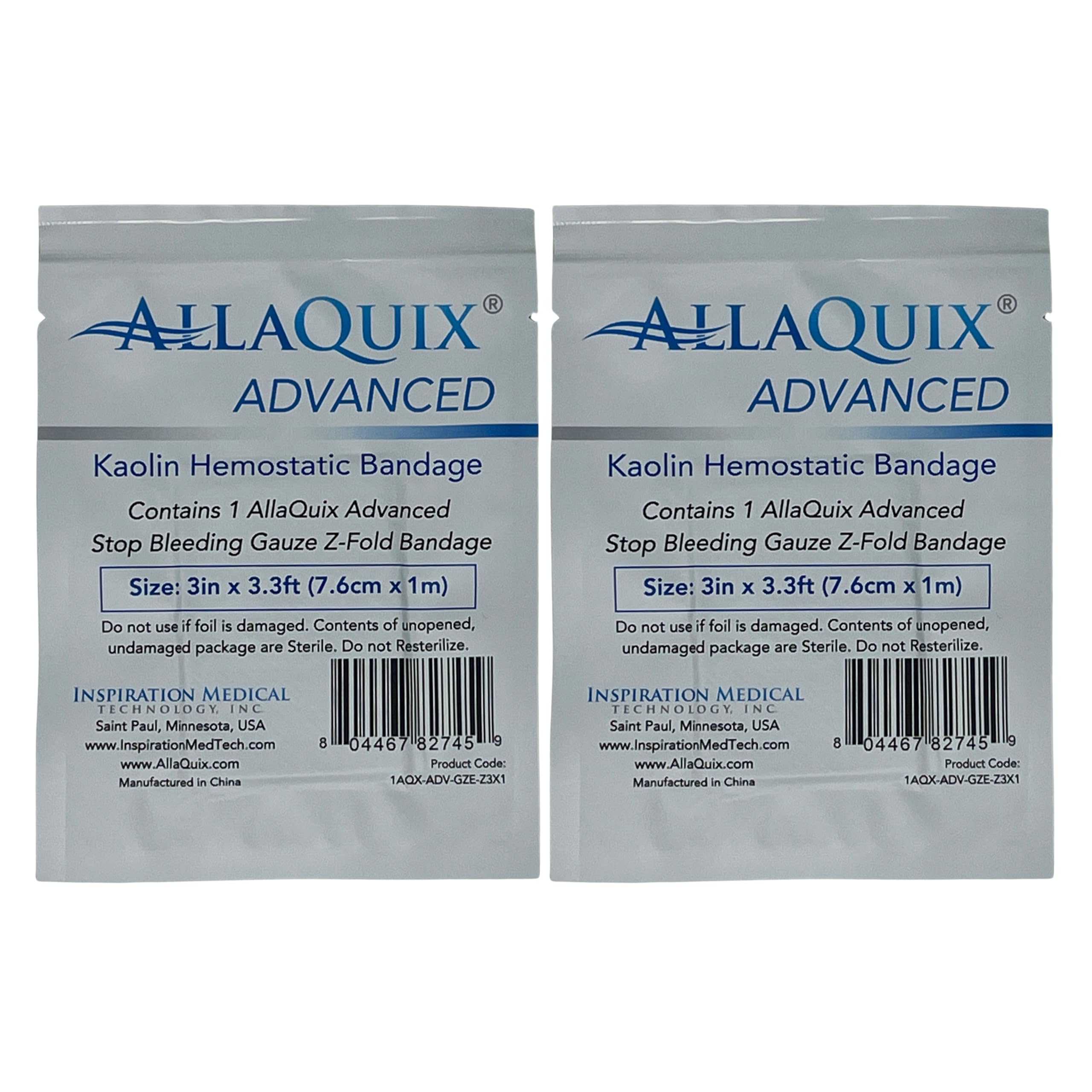 AllaQuix Advanced: Kaolin Hemostatic Bandage - Sterile Z-Fold Clotting Gauze (3 in. x 3.3 feet - Small) (2 Pack)
