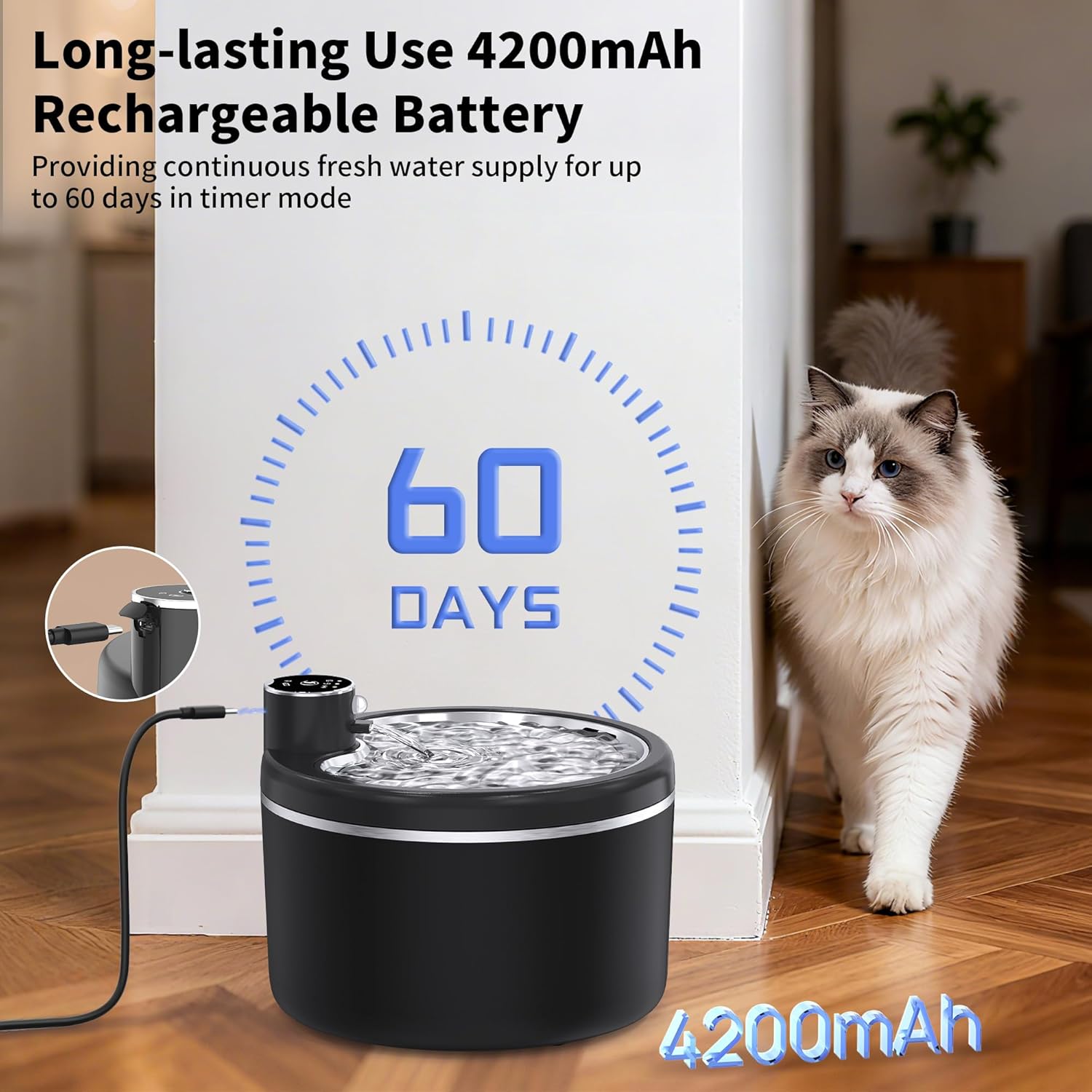 Cat Water Fountain Cordless, 108oz/3L Pet Fountains for Cats Indoor with Stainless Steel Tray, Battery Operated Cat Drinking Fountain with Motion Sens (Black) (Black)