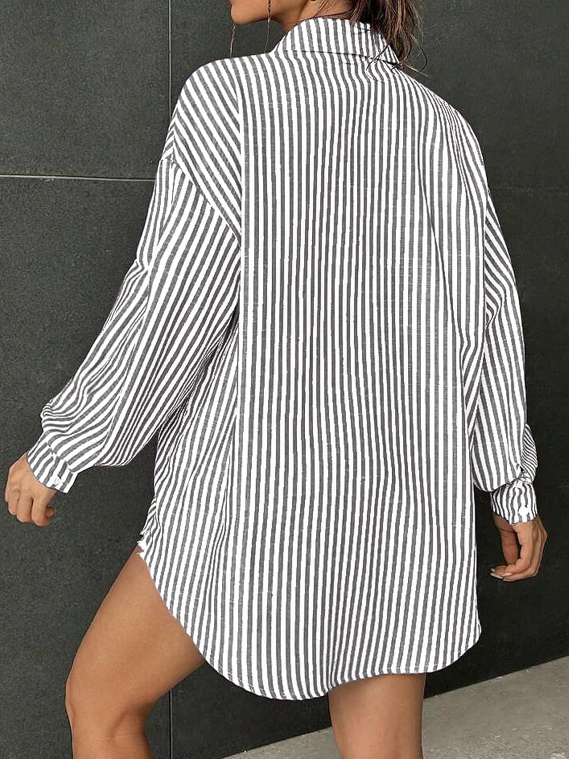 Besshopie Womens Button Down Shirts Stripe Long Sleeve Blouse Casual Work Office Shirt Oversize Tops - Image 5