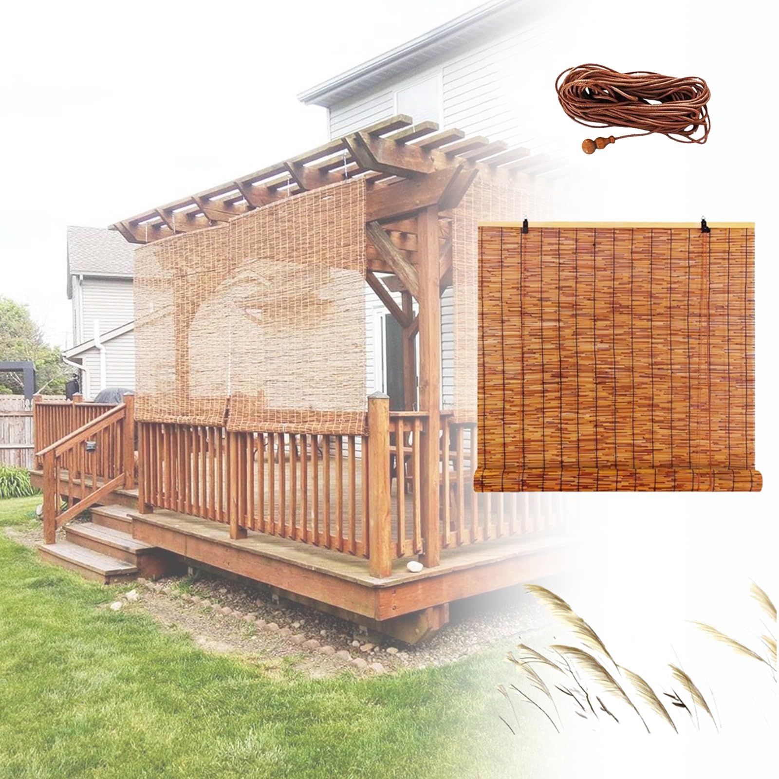 Outdoor Bamboo Blinds For Windows, Retro Roll Up Shades 40 50 60 80 100 120 150cm, Light Filtering Reed Shade, Waterproof Reed Curtain With Lifter, Privacy Protection(120x270CM(WxH))