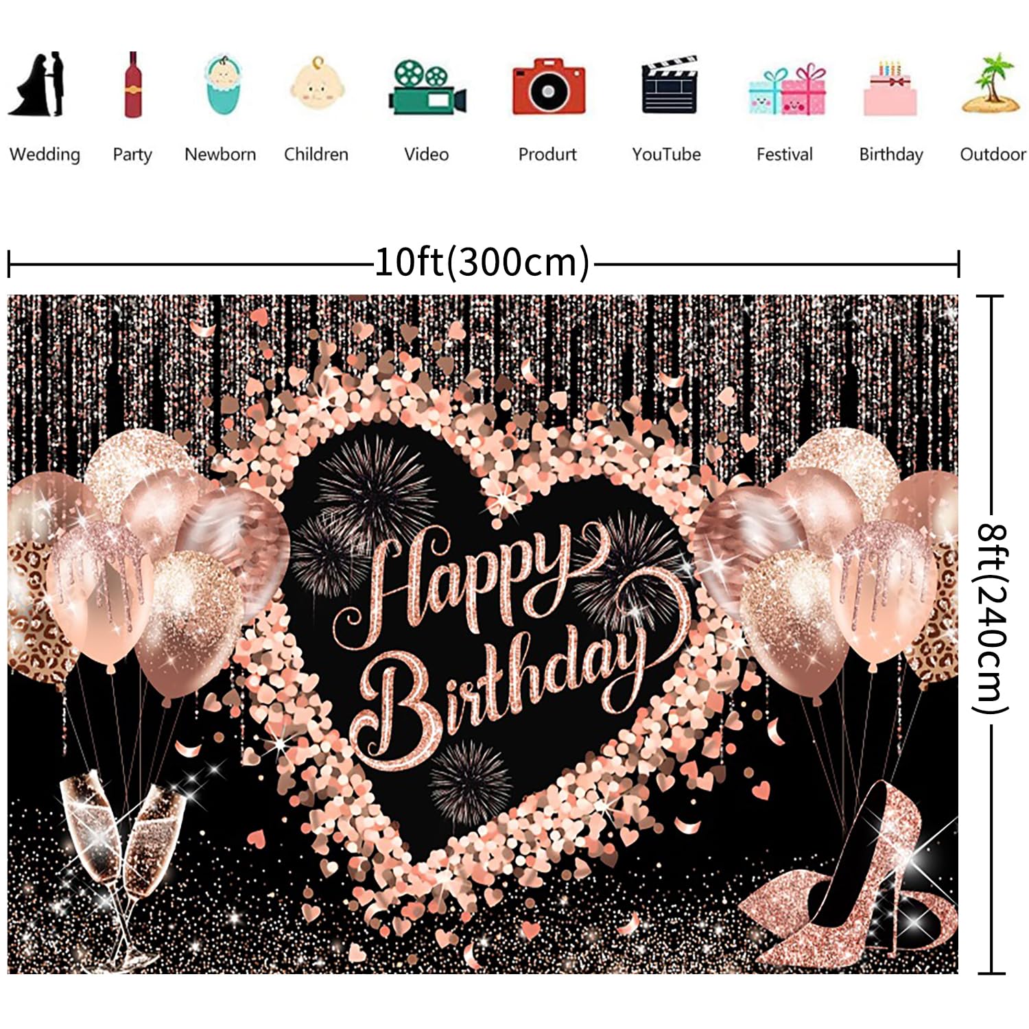 3x2.4m Sfondo Buon Compleanno Rosa Glitter Palloncini Tacchi alti Champagne Vetro Fotografia Sfondo Donne Ragazze Decorazioni Festa di compleanno Banner Photo Booth Props