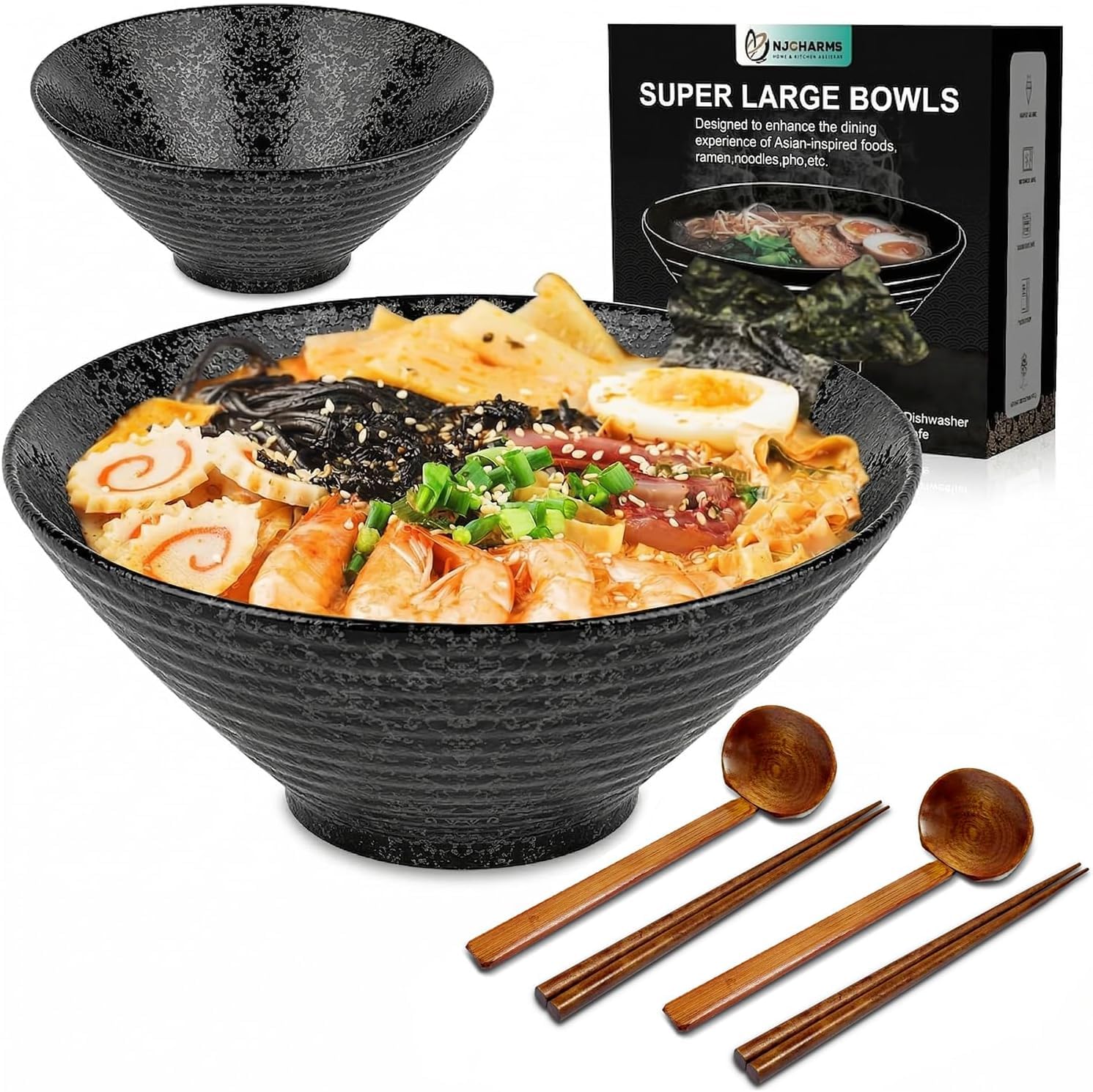 NJCHARMS 60 oz Ceramic Ramen Bowl Set of 2, Extra Large Black Japanese Noodle Soup Bowls with Spoons &amp; Chopsticks, Microwavable Pho Bowls for Udon, Miso, Saimin, Pasta, Salad, Oatmeal, Dishwasher Safe